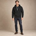 mens hoodie — Men's Half Zip Kangaroo Pocket Hoodie — Archer, Black, complete front view, worn by an adult model