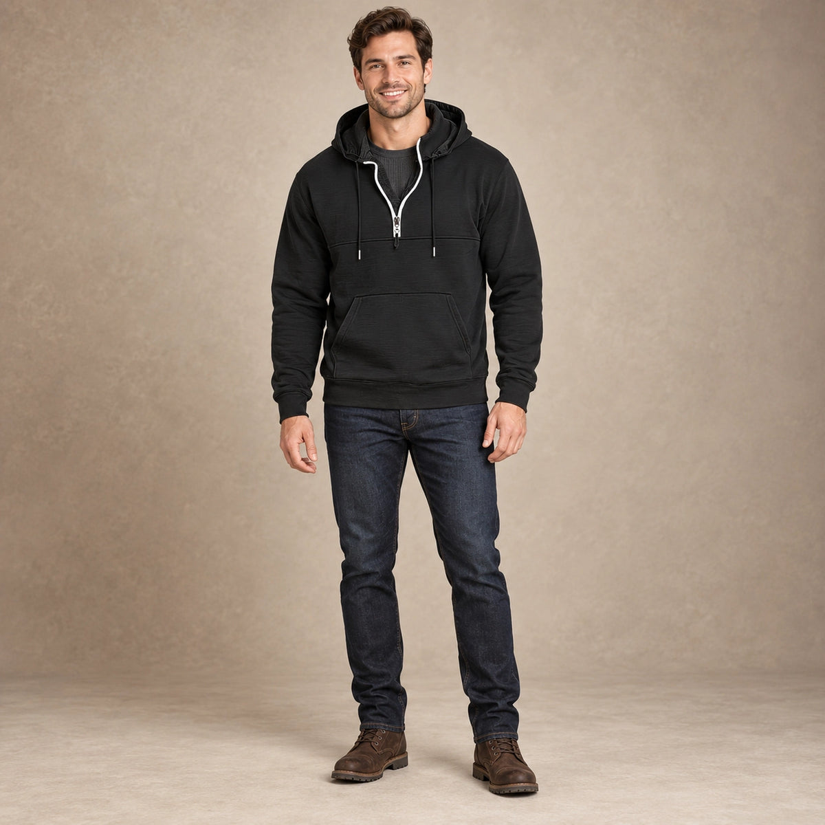 mens hoodie — Men's Half Zip Kangaroo Pocket Hoodie — Archer, Black, complete front view, worn by an adult model