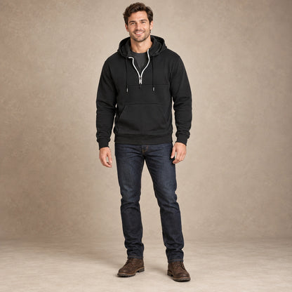 mens hoodie — Men's Half Zip Kangaroo Pocket Hoodie — Archer, Black, complete front view, worn by an adult model
