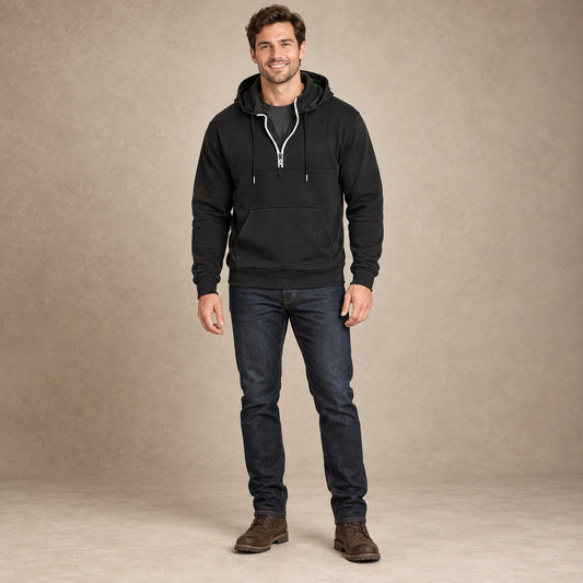 mens hoodie — Men's Half Zip Kangaroo Pocket Hoodie — Archer, Black, complete front view, worn by an adult model