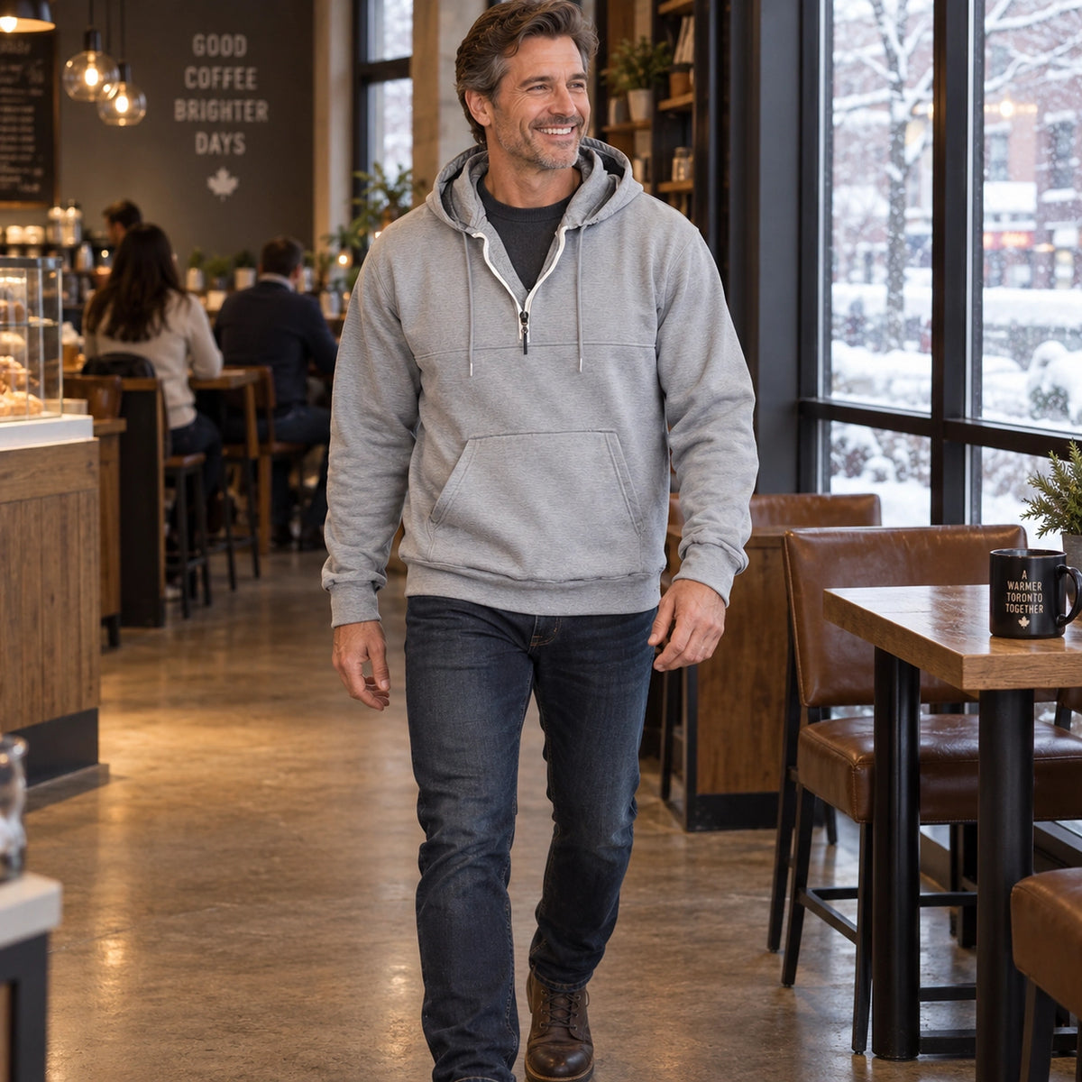 mens hoodie — Men's Half Zip Kangaroo Pocket Hoodie — Archer, Light Gray, view, worn by an adult model, Usa and — view 10