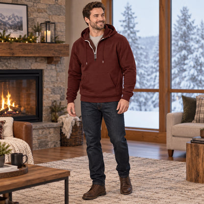 mens hoodie — Men's Half Zip Kangaroo Pocket Hoodie — Archer, Bordeaux Red, view, worn by an adult model, Usa and — view 11