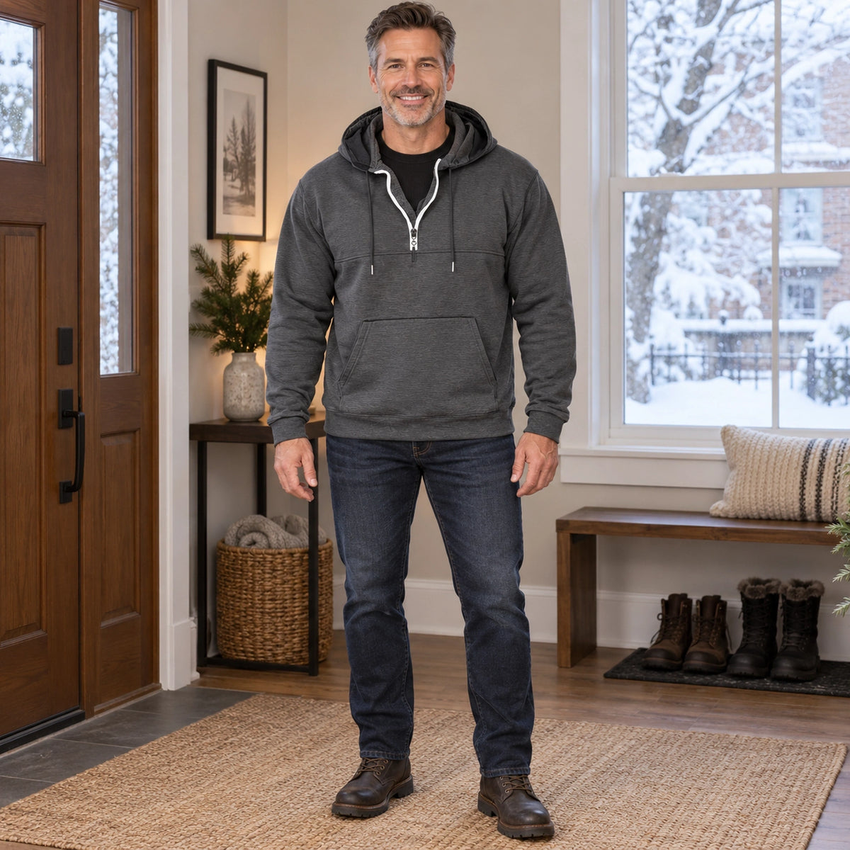 mens hoodie — Men's Half Zip Kangaroo Pocket Hoodie — Archer, Dark Gray, complete front view, worn by an adult — view 2