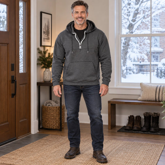 mens hoodie — Men's Half Zip Kangaroo Pocket Hoodie — Archer, Dark Gray, complete front view, worn by an adult — view 2