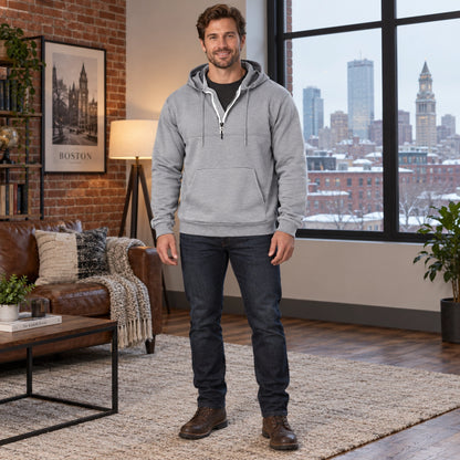 mens hoodie — Men's Half Zip Kangaroo Pocket Hoodie — Archer, Light Gray, complete front view, worn by an adult — view 3