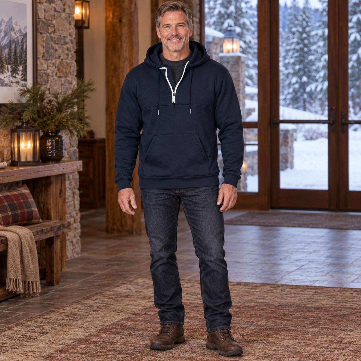 mens hoodie — Men's Half Zip Kangaroo Pocket Hoodie — Archer, Navy Blue, complete front view, worn by an adult — view 4
