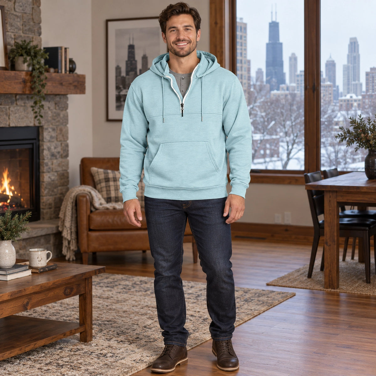 mens hoodie — Men's Half Zip Kangaroo Pocket Hoodie — Archer, Light Blue, complete front view, worn by an adult — view 5