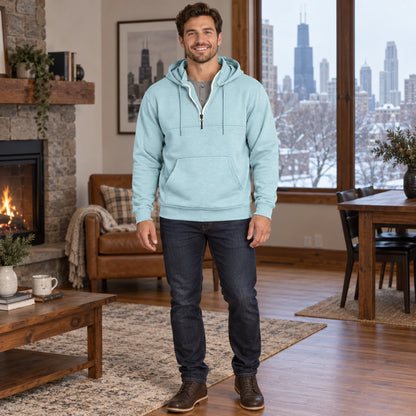 mens hoodie — Men's Half Zip Kangaroo Pocket Hoodie — Archer, Light Blue, complete front view, worn by an adult — view 5