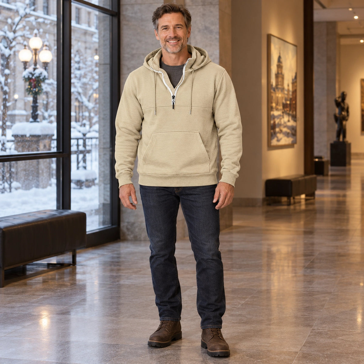 mens hoodie — Men's Half Zip Kangaroo Pocket Hoodie — Archer, Beige, complete front view, worn by an adult model — view 6