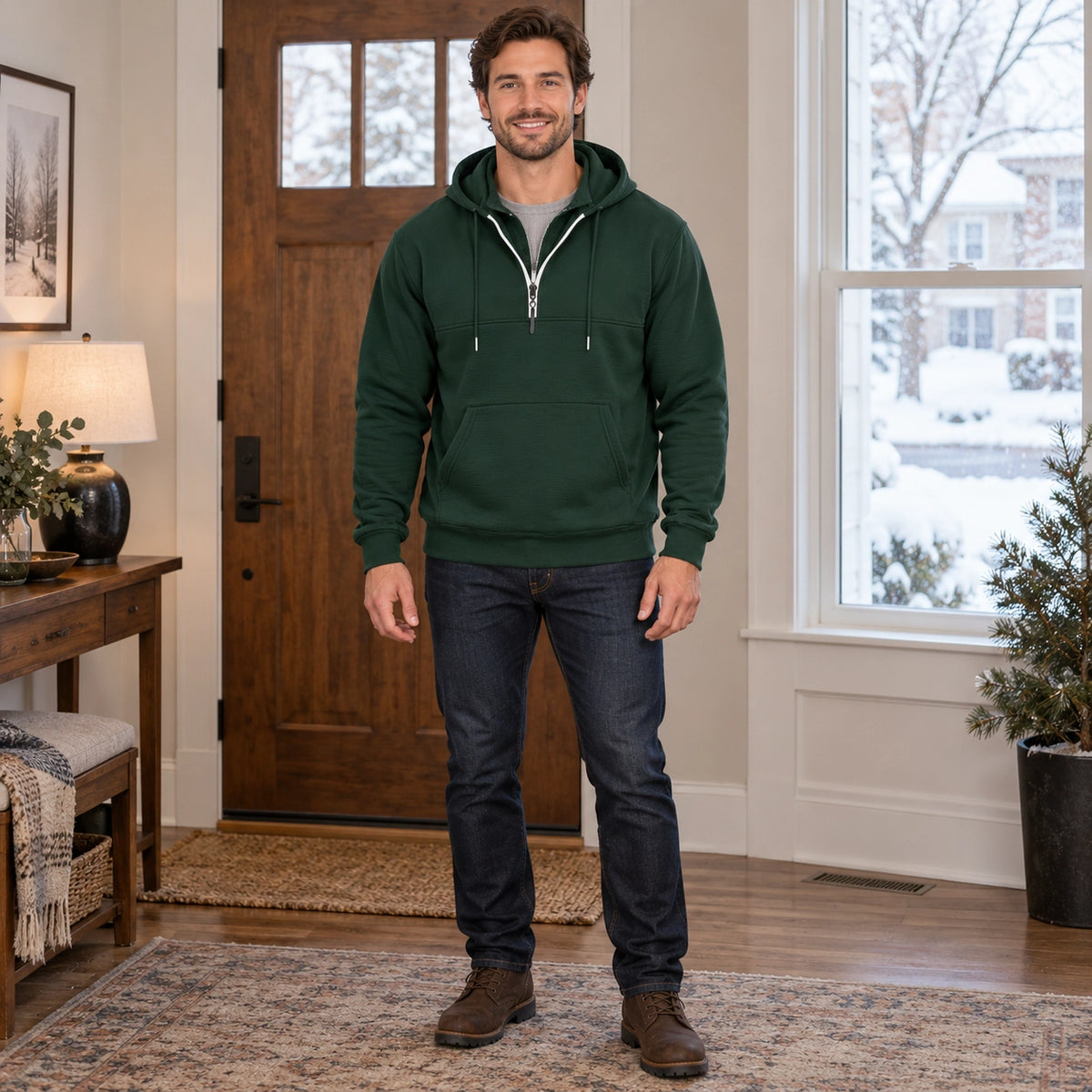 mens hoodie — Men's Half Zip Kangaroo Pocket Hoodie — Archer, Forest Green, complete front view, worn by an adult — view 7