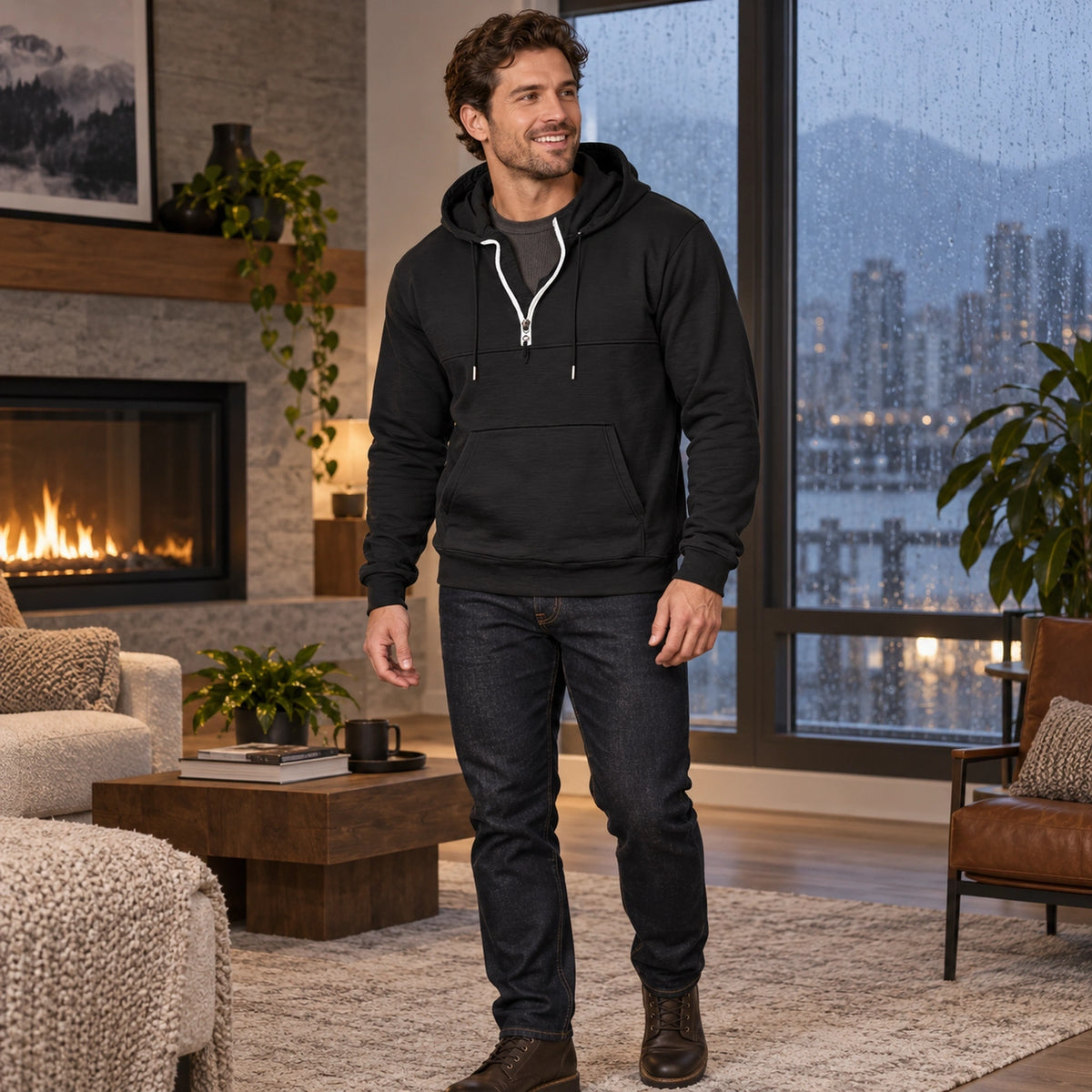 mens hoodie — Men's Half Zip Kangaroo Pocket Hoodie — Archer, Black, three quarter view, worn by an adult model, Usa — view 9