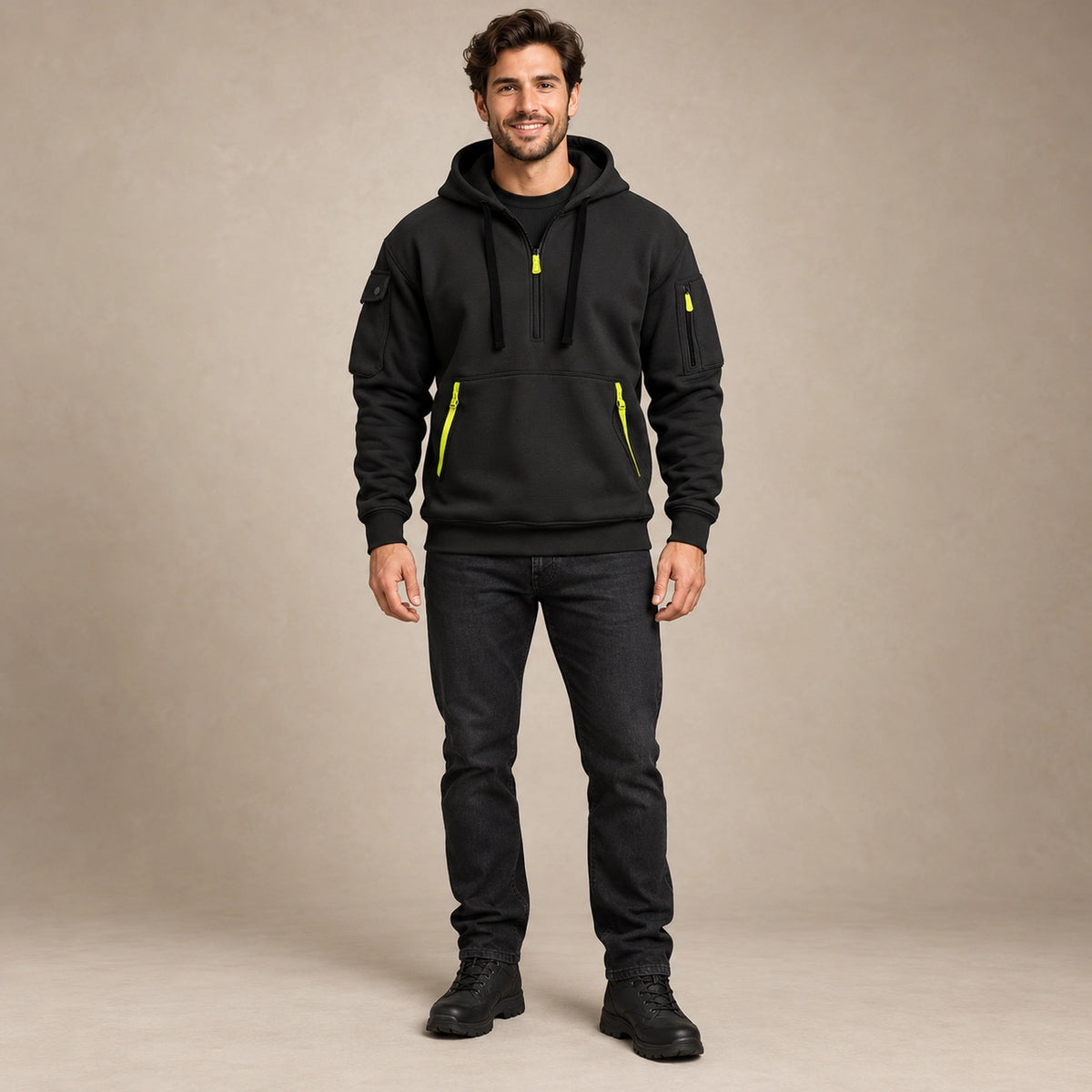 mens hoodie — Men's Half Zip Utility Hoodie — Hugo, Black, complete front view, worn by an adult model, professional image
