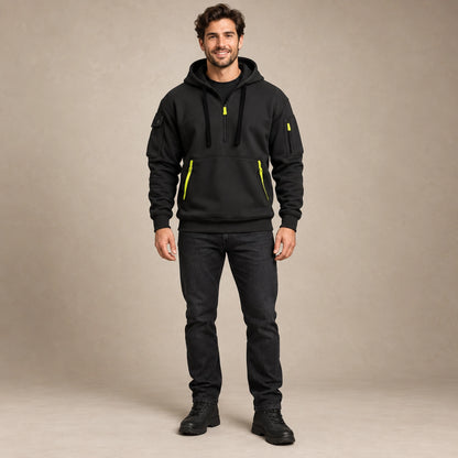 mens hoodie — Men's Half Zip Utility Hoodie — Hugo, Black, complete front view, worn by an adult model, professional image