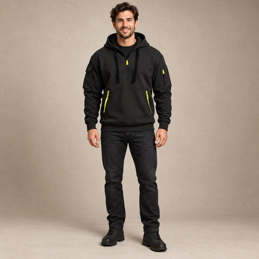 mens hoodie — Men's Half Zip Utility Hoodie — Hugo, Black, complete front view, worn by an adult model, professional image