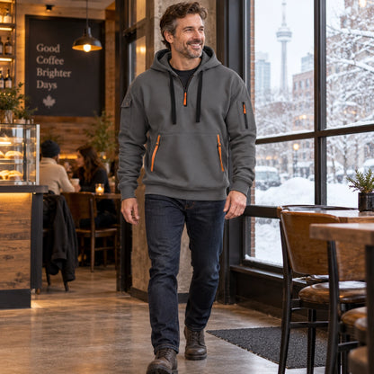 mens hoodie — Men's Half Zip Utility Hoodie — Hugo, Dark Gray, view, worn by an adult model, Usa and Canada — view 10