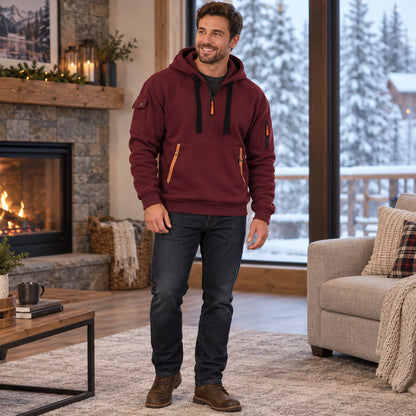 mens hoodie — Men's Half Zip Utility Hoodie — Hugo, Burgundy, view, worn by an adult model, Usa and Canada — view 11