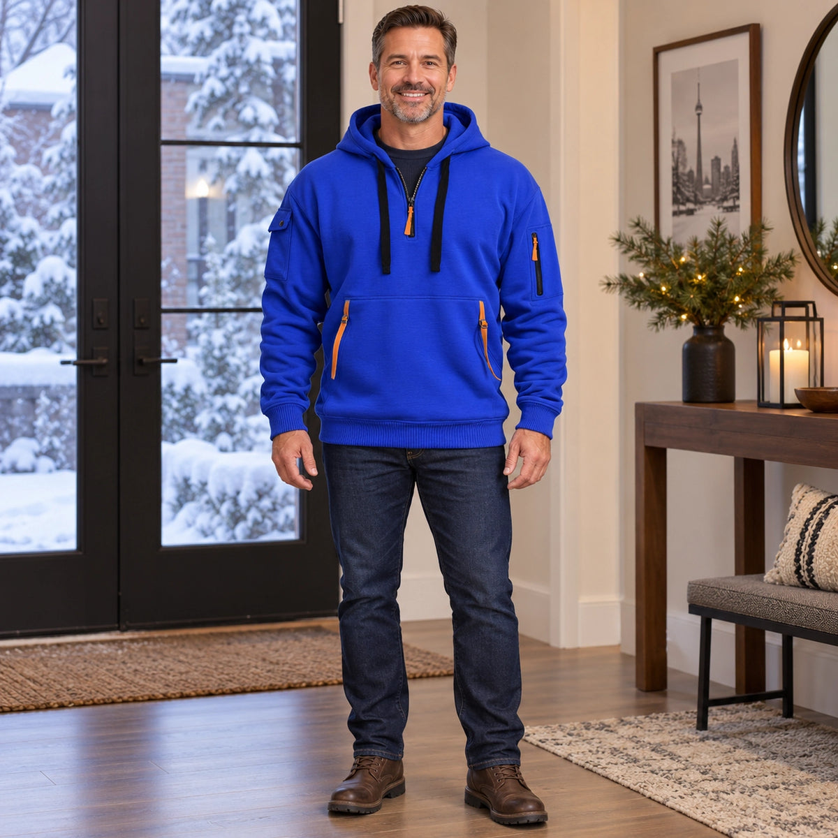 mens hoodie — Men's Half Zip Utility Hoodie — Hugo, Royal Blue, complete front view, worn by an adult model, Usa and — view 2
