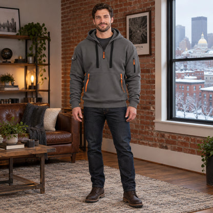 mens hoodie — Men's Half Zip Utility Hoodie — Hugo, Dark Gray, complete front view, worn by an adult model, Usa and — view 3