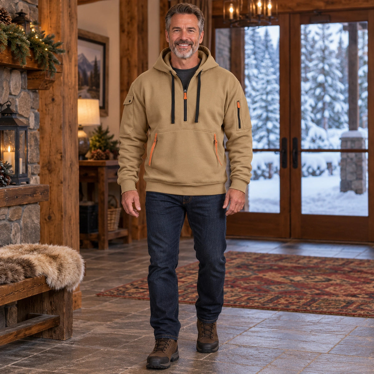 mens hoodie — Men's Half Zip Utility Hoodie — Hugo, Khaki, complete front view, worn by an adult model, Usa and — view 4