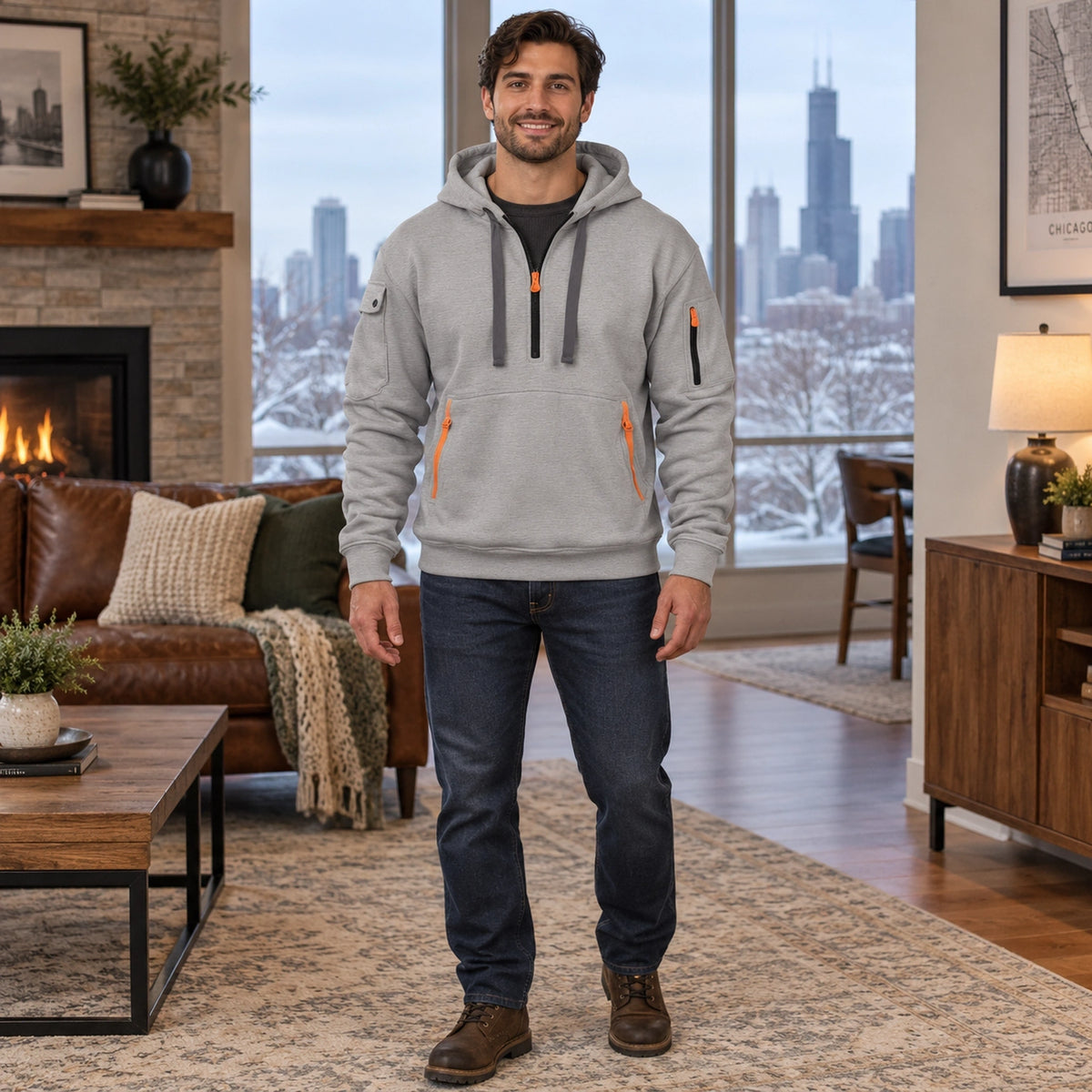 mens hoodie — Men's Half Zip Utility Hoodie — Hugo, Light Gray, complete front view, worn by an adult model, Usa and — view 5