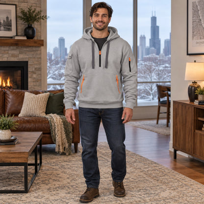 mens hoodie — Men's Half Zip Utility Hoodie — Hugo, Light Gray, complete front view, worn by an adult model, Usa and — view 5