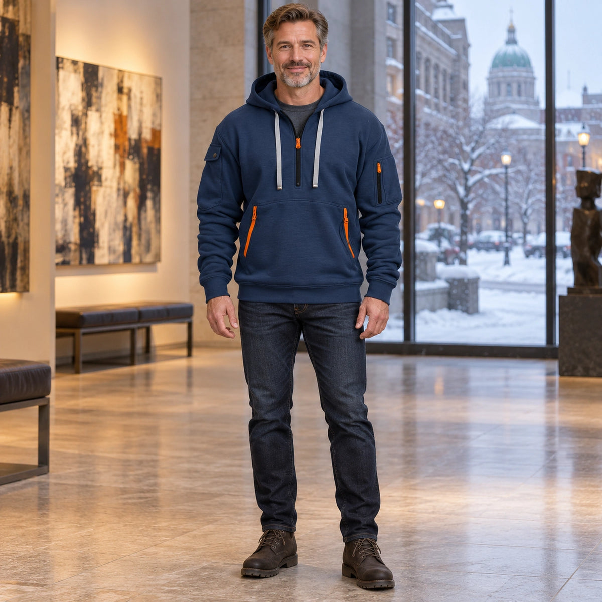 mens hoodie — Men's Half Zip Utility Hoodie — Hugo, Navy Blue, complete front view, worn by an adult model, Usa and — view 6