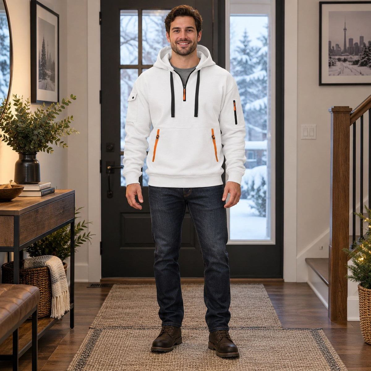 mens hoodie — Men's Half Zip Utility Hoodie — Hugo, White, complete front view, worn by an adult model, Usa and — view 7