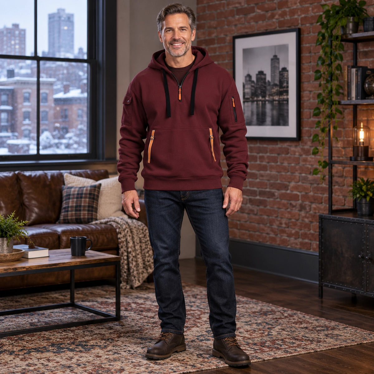 mens hoodie — Men's Half Zip Utility Hoodie — Hugo, Burgundy, complete front view, worn by an adult model, Usa and — view 8