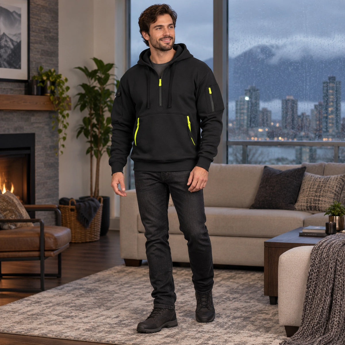 mens hoodie — Men's Half Zip Utility Hoodie — Hugo, Black, three quarter view, worn by an adult model, Usa and — view 9