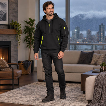mens hoodie — Men's Half Zip Utility Hoodie — Hugo, Black, three quarter view, worn by an adult model, Usa and — view 9
