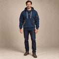 mens hoodie — Men's Half Zip Utility Hoodie — Levi, Navy Blue, complete front view, worn by an adult model, professional