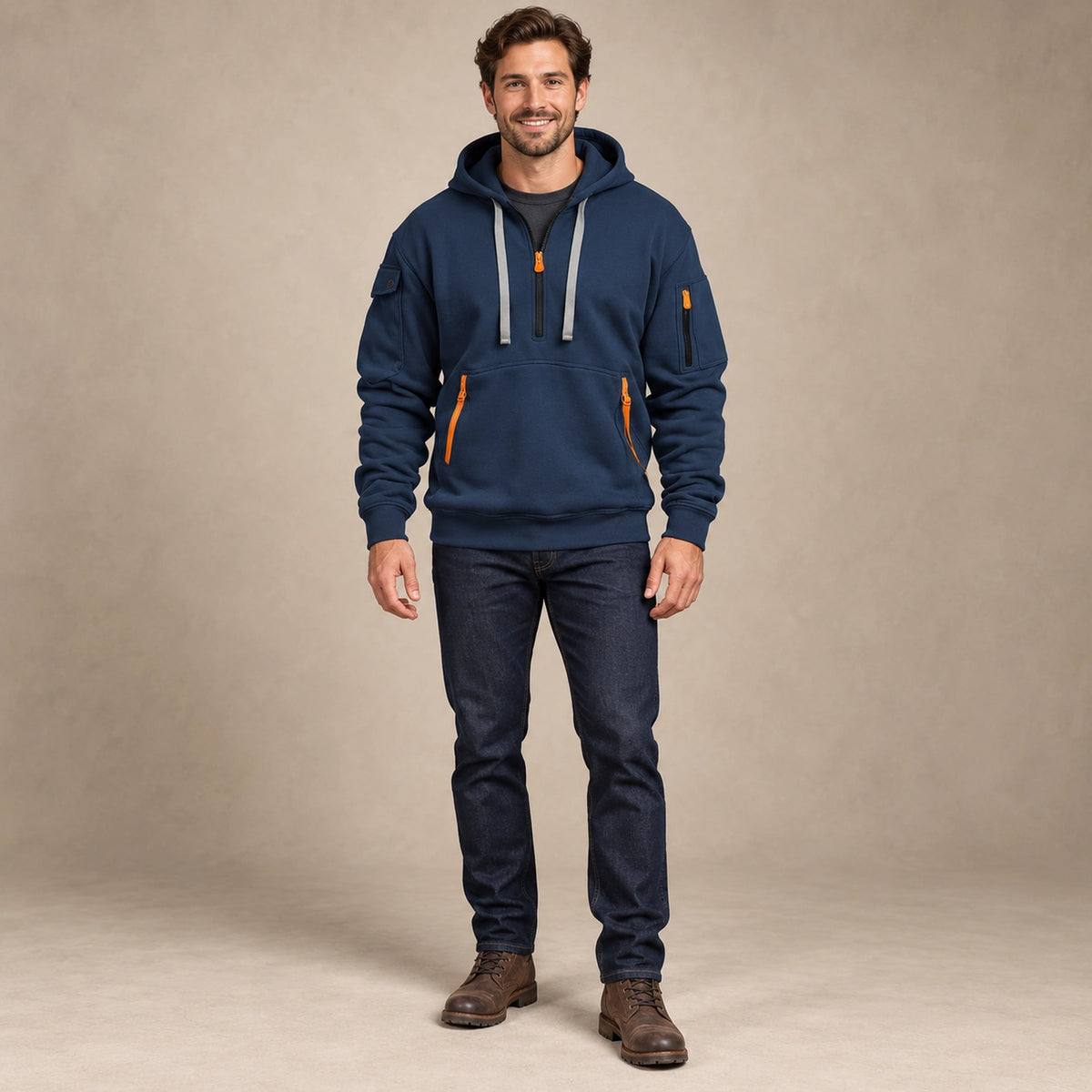mens hoodie — Men's Half Zip Utility Hoodie — Levi, Navy Blue, complete front view, worn by an adult model, professional
