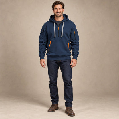 mens hoodie — Men's Half Zip Utility Hoodie — Levi, Navy Blue, complete front view, worn by an adult model, professional