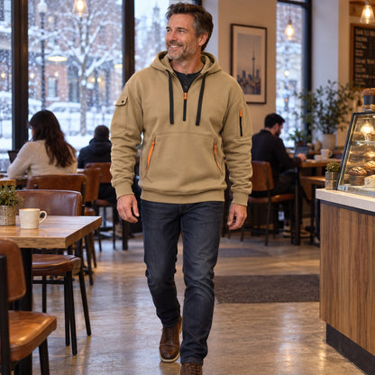 mens hoodie — Men's Half Zip Utility Hoodie — Levi, Khaki, view, worn by an adult model, Usa and Canada — view 10