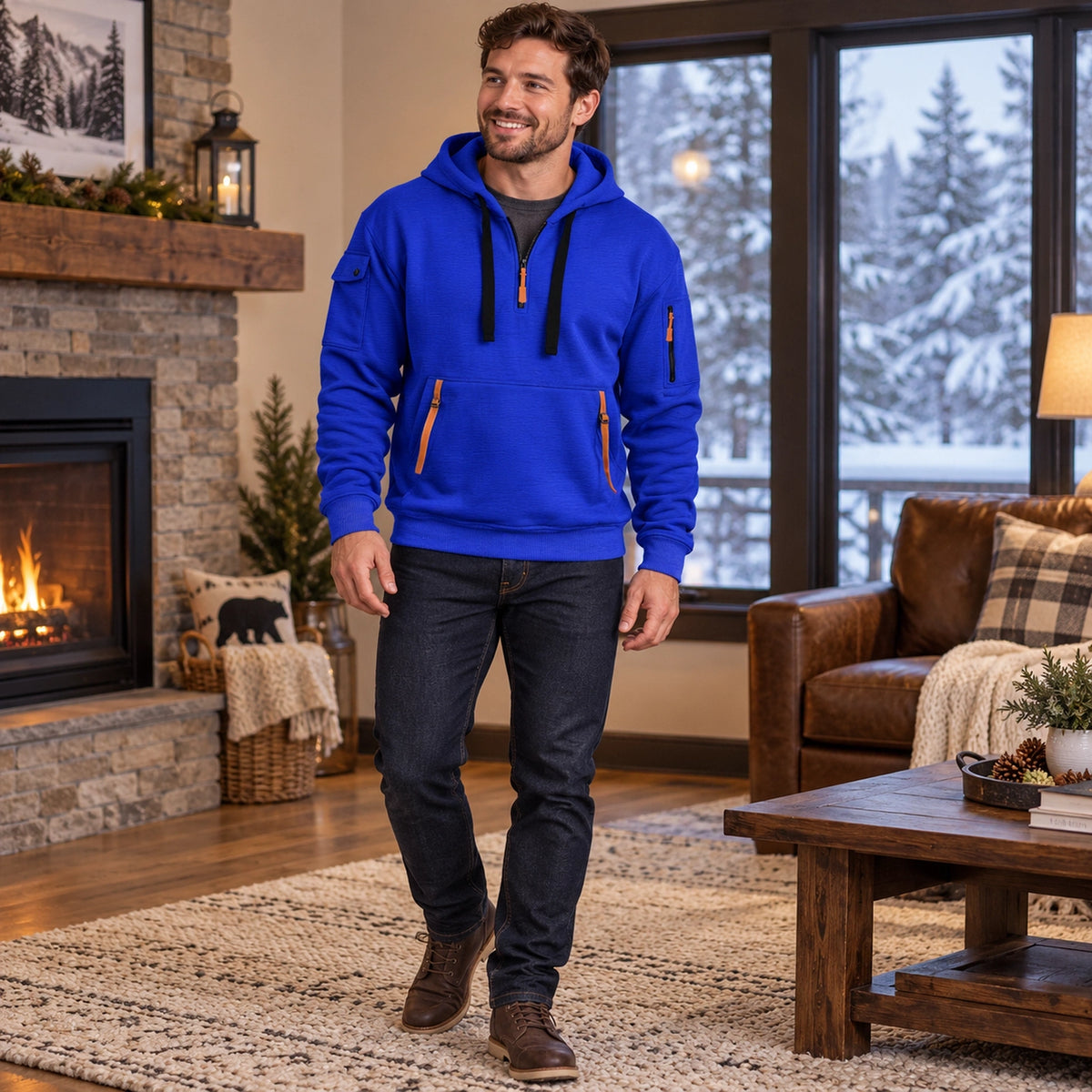 mens hoodie — Men's Half Zip Utility Hoodie — Levi, Royal Blue, view, worn by an adult model, Usa and Canada — view 11