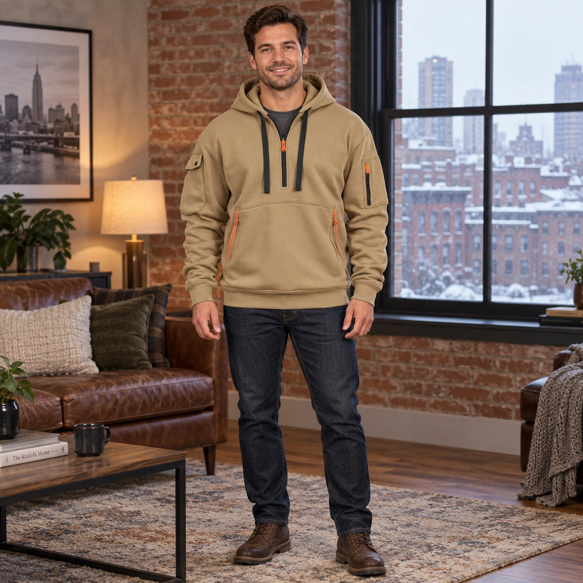 mens hoodie — Men's Half Zip Utility Hoodie — Levi, Khaki, complete front view, worn by an adult model, Usa and — view 3