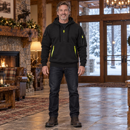 mens hoodie — Men's Half Zip Utility Hoodie — Levi, Black, complete front view, worn by an adult model, Usa and — view 4