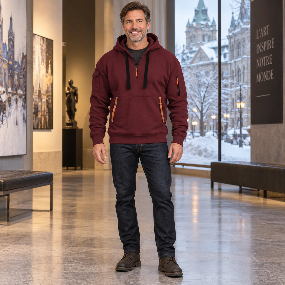 mens hoodie — Men's Half Zip Utility Hoodie — Levi, Burgundy, complete front view, worn by an adult model, Usa and — view 6