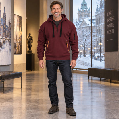 mens hoodie — Men's Half Zip Utility Hoodie — Levi, Burgundy, complete front view, worn by an adult model, Usa and — view 6