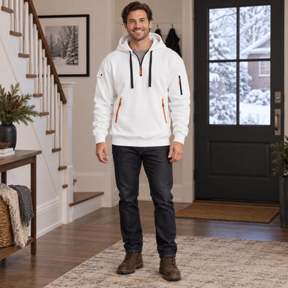 mens hoodie — Men's Half Zip Utility Hoodie — Levi, White, complete front view, worn by an adult model, Usa and — view 7