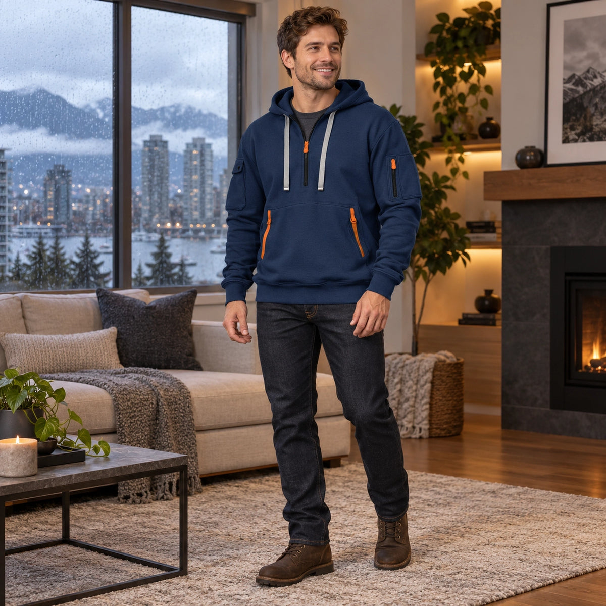 mens hoodie — Men's Half Zip Utility Hoodie — Levi, Navy Blue, three quarter view, worn by an adult model, Usa and — view 9