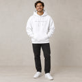 mens hoodie — Noah White hoodie front image, complete garment on happy male model