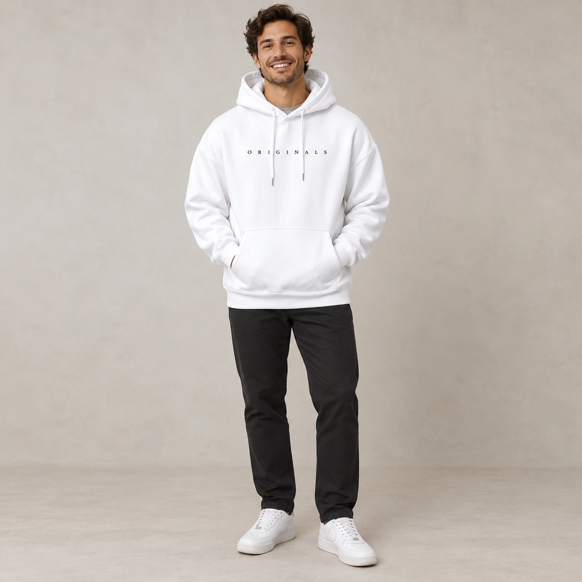 mens hoodie — Noah White hoodie front image, complete garment on happy male model