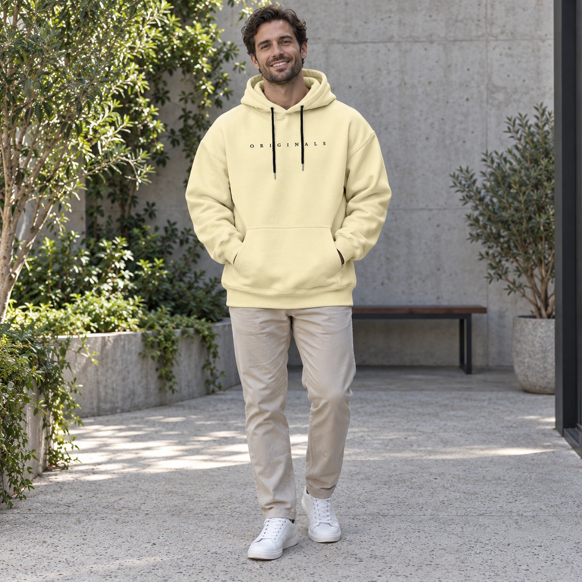 mens hoodie — Noah Yellow hoodie front color image on happy male model, complete garment — view 3
