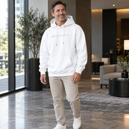 mens hoodie — Noah White hoodie three quarter view on mature male model, complete garment — view 4