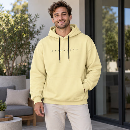 mens hoodie — Noah Yellow hoodie three quarter view on mature male model, complete garment — view 6