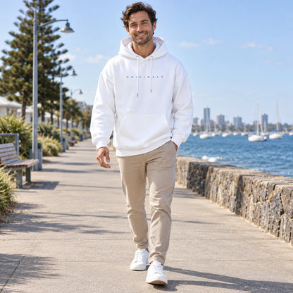 mens hoodie — Noah White hoodie photo on a cool Australian spring morning — view 7