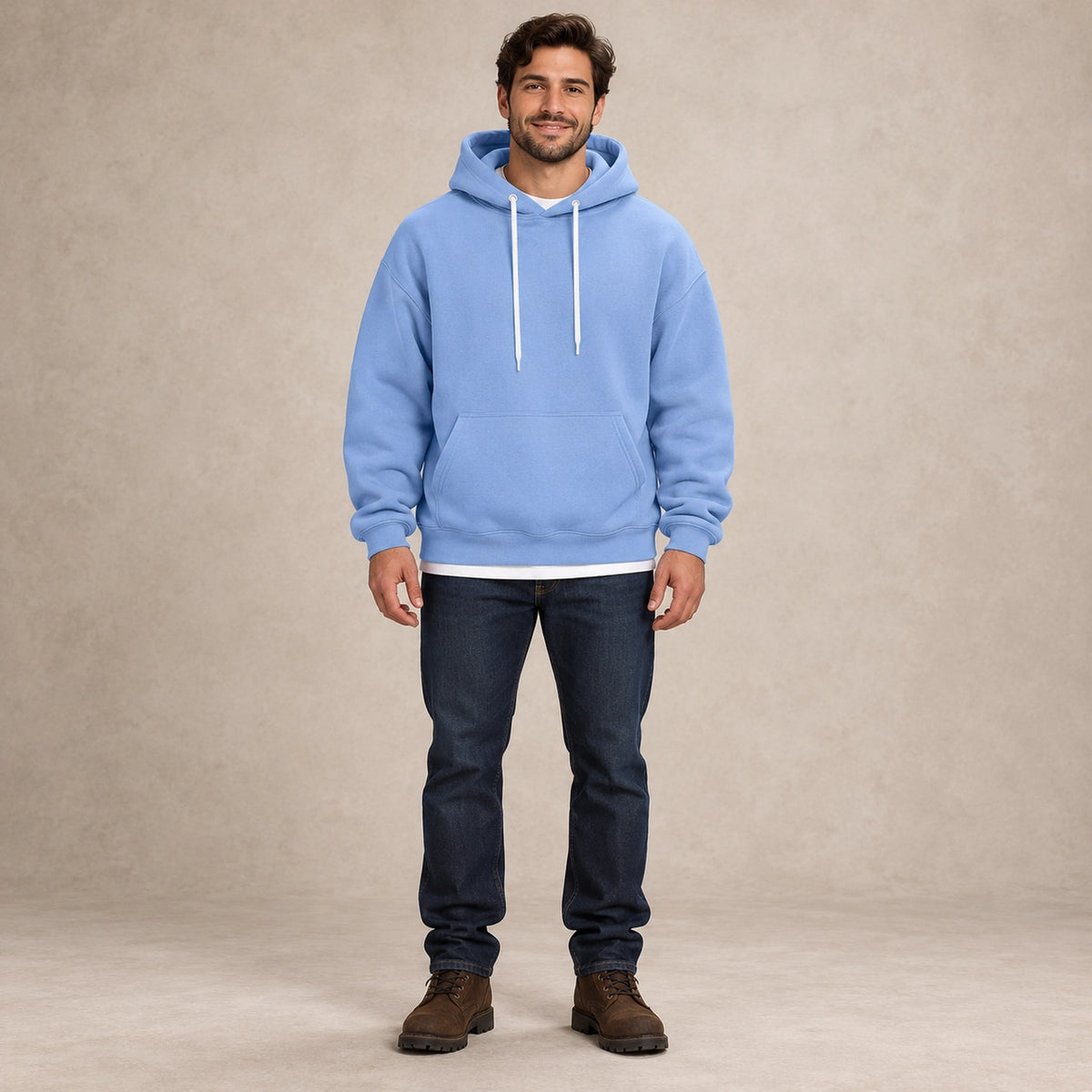 mens hoodie — Men's Oversized Kangaroo Pocket Hoodie — Matteo, Light Blue, complete front view, worn by an adult model