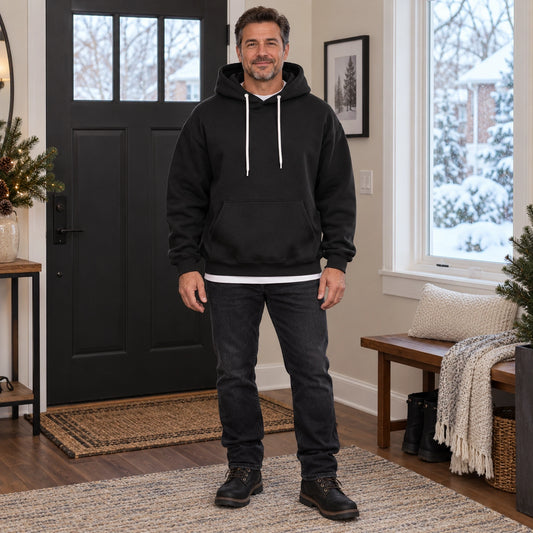 mens hoodie — Men's Oversized Kangaroo Pocket Hoodie — Matteo, Black, complete front view, worn by an adult model — view 2