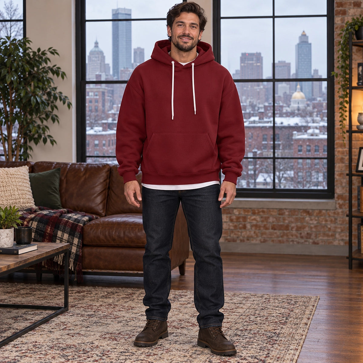 mens hoodie — Men's Oversized Kangaroo Pocket Hoodie — Matteo, Burgundy, complete front view, worn by an adult — view 3